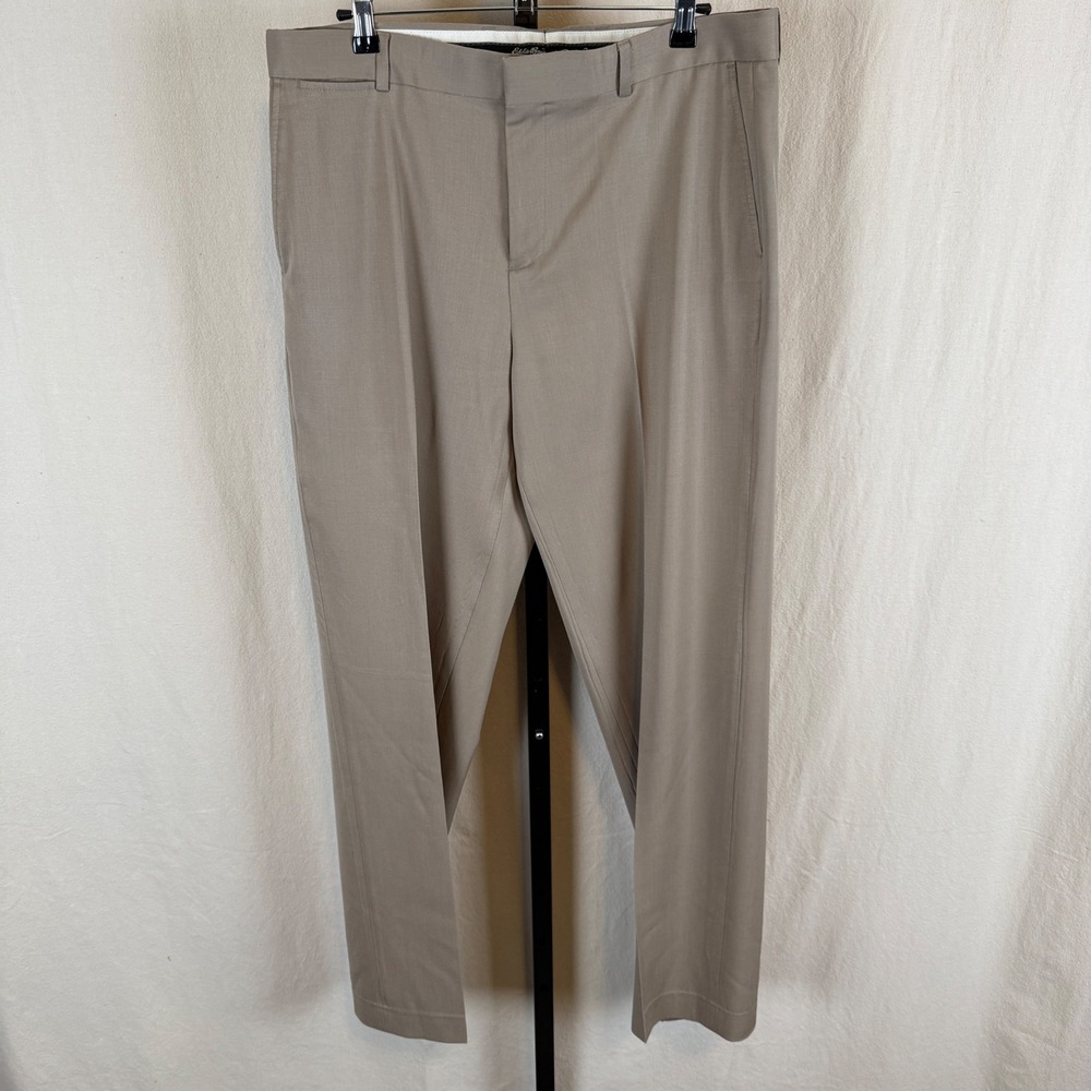 Eddie Bauer Mens 35x32 Tan 100% Wool Flat Front Dress Pants Khaki Straight Leg